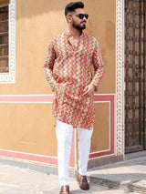 Red Floral Chevron Printed Cotton Mens Kurta - Tistabene