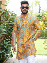 Yellow Floral Chevron Printed Cotton Mens Kurta - Tistabene