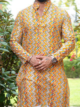 Yellow Floral Chevron Printed Cotton Mens Kurta - Tistabene