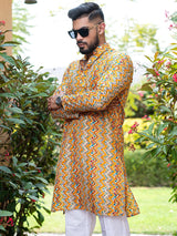 Yellow Floral Chevron Printed Cotton Mens Kurta - Tistabene