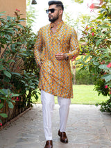 Yellow Floral Chevron Printed Cotton Mens Kurta - Tistabene