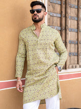 Olive Green Traditional Printed Cotton Mens Kurta - Tistabene