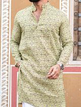 Olive Green Traditional Printed Cotton Mens Kurta - Tistabene