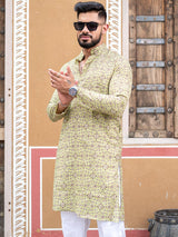 Olive Green Traditional Printed Cotton Mens Kurta - Tistabene