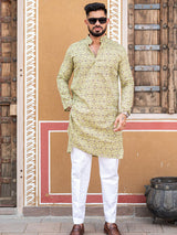 Olive Green Traditional Printed Cotton Mens Kurta - Tistabene