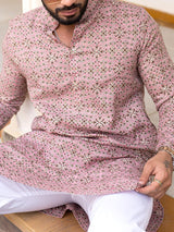 Dusty Rose Traditional Printed Cotton Mens Kurta - Tistabene