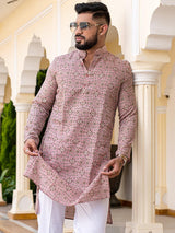 Dusty Rose Traditional Printed Cotton Mens Kurta - Tistabene