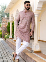 Dusty Rose Traditional Printed Cotton Mens Kurta - Tistabene