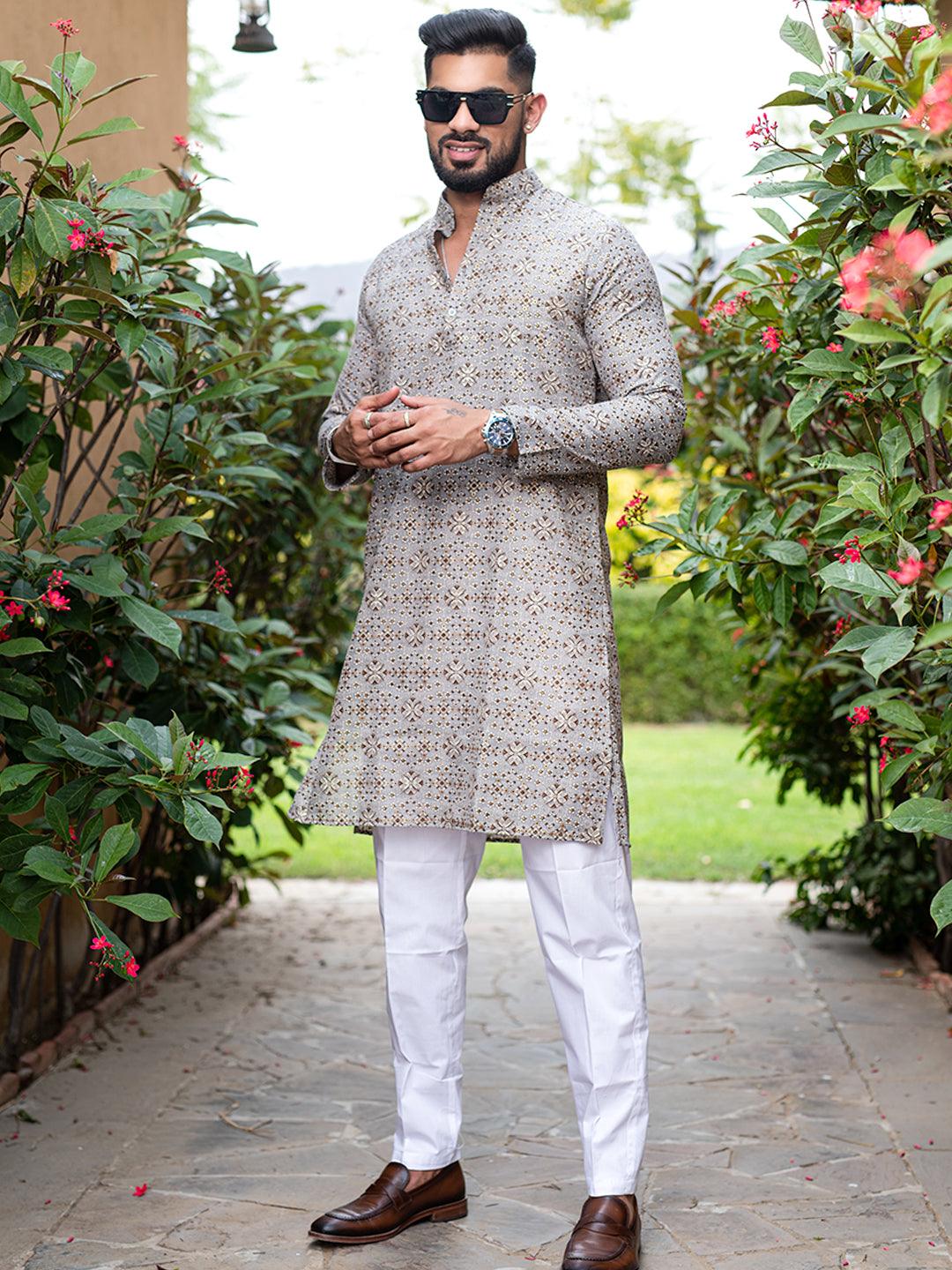 Buy Sandal Jacquard Kurta Pajama Online in India @Manyavar - Kurta Pajama  for Men