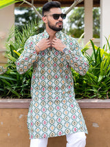 Olive Green Hand Block Printed Cotton Mens Kurta - Tistabene