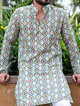 Olive Green Hand Block Printed Cotton Mens Kurta - Tistabene