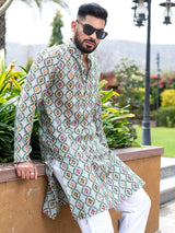 Olive Green Hand Block Printed Cotton Mens Kurta - Tistabene