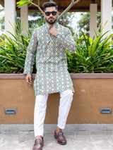 Olive Green Hand Block Printed Cotton Mens Kurta - Tistabene