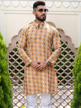 Beige Hand Block Printed Cotton Mens Kurta - Tistabene