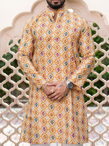 Beige Hand Block Printed Cotton Mens Kurta - Tistabene