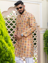 Beige Hand Block Printed Cotton Mens Kurta - Tistabene