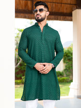 Green Floral Embroidered Cotton Mens Kurta - Tistabene