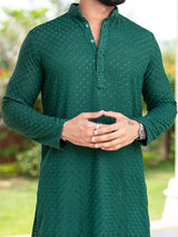 Green Floral Embroidered Cotton Mens Kurta - Tistabene