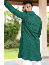 Green Floral Embroidered Cotton Mens Kurta - Tistabene