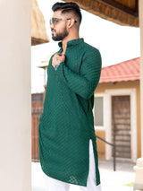 Green Floral Embroidered Cotton Mens Kurta - Tistabene