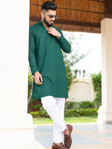 Green Floral Embroidered Cotton Mens Kurta - Tistabene