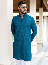 Teal Blue Floral Embroidered Cotton Mens Kurta - Tistabene