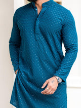 Teal Blue Floral Embroidered Cotton Mens Kurta - Tistabene