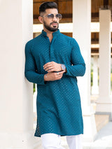 Teal Blue Floral Embroidered Cotton Mens Kurta - Tistabene