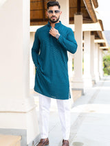 Teal Blue Floral Embroidered Cotton Mens Kurta - Tistabene