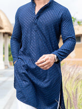 Blue Floral Embroidered Cotton Mens Kurta - Tistabene