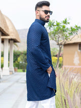 Blue Floral Embroidered Cotton Mens Kurta - Tistabene