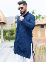 Blue Floral Embroidered Cotton Mens Kurta - Tistabene