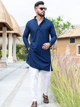 Blue Floral Embroidered Cotton Mens Kurta - Tistabene