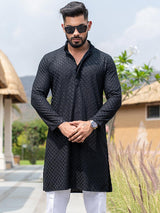 Black Floral Embroidered Cotton Mens Kurta - Tistabene