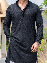 Black Floral Embroidered Cotton Mens Kurta - Tistabene