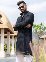 Black Floral Embroidered Cotton Mens Kurta - Tistabene