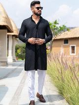 Black Floral Embroidered Cotton Mens Kurta - Tistabene