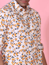 White and Orange Floral Printed Crepe Shirt