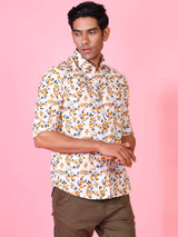 White and Orange Floral Printed Crepe Shirt