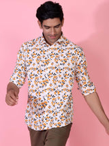 White and Orange Floral Printed Crepe Shirt