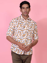 White and Orange Floral Printed Crepe Shirt