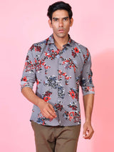 Grey Floral Printed Crepe Shirt