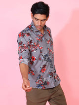 Grey Floral Printed Crepe Shirt