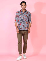 Grey Floral Printed Crepe Shirt