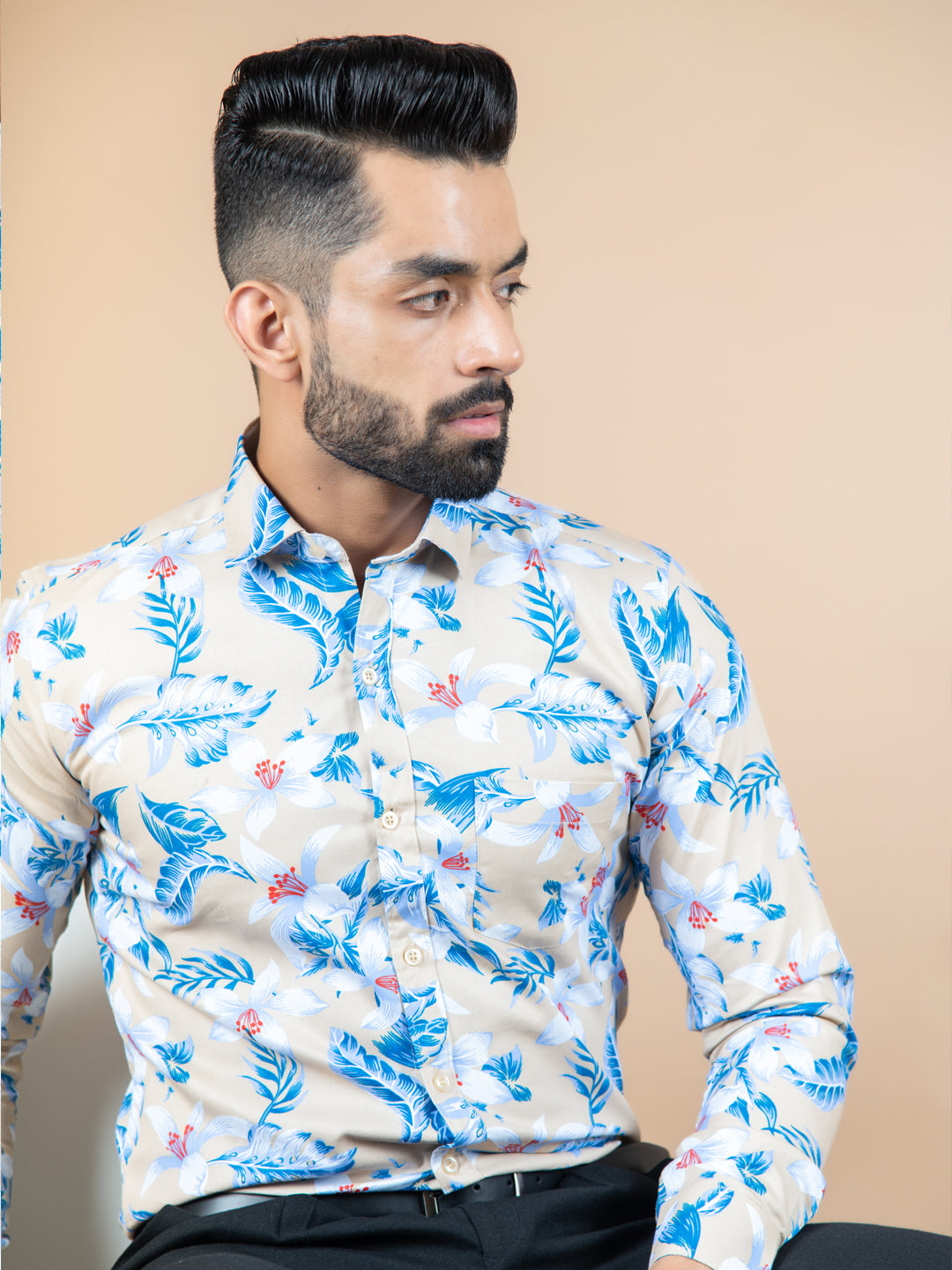 Beige Floral Cotton Shirt