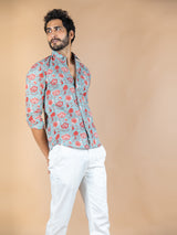 Blue and Red Floral Cotton Shirt