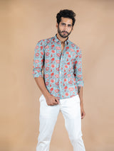 Blue and Red Floral Cotton Shirt