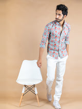 Blue and Red Floral Cotton Shirt