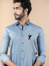 Johnny Bravo Embroidered Melange Grey Cotton Shirt