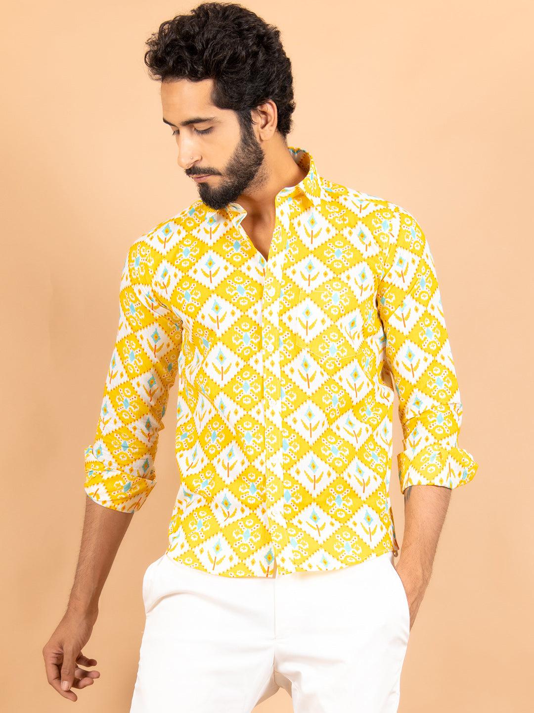 Purchase Newest Yellow Jaipuri Cotton Printed Shirt Online